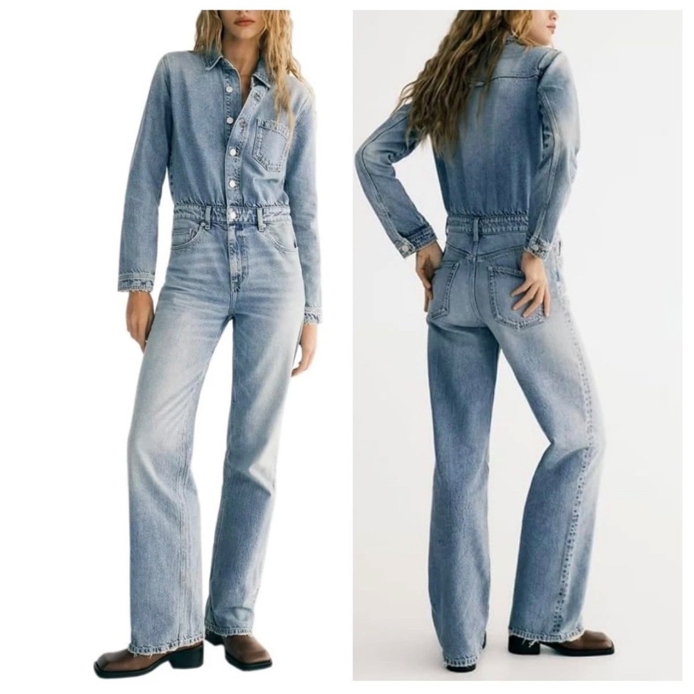 Zara TRF Long Denim Jumpsuit L Blue Long Sleeve Wide Leg Workwear Retro Western